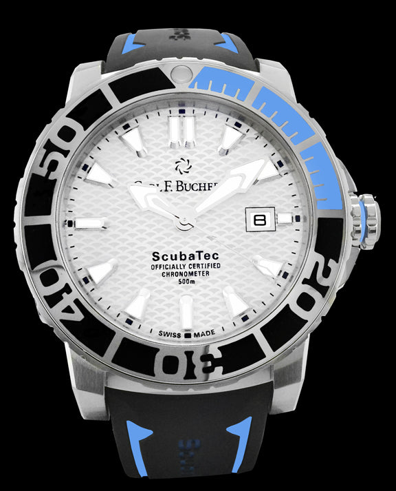 This dive watch has a stainless steel case mounted with a steel and ceramic unidirectional rotating bezel. The case also has an automatic helium escape valve in addition to a screw down crown. There is an anti-reflective treatment on the scratch resistant sapphire crystal. The dial is white with silver toned hands and hour markers that are luminescent.  The dial functions include hours, minutes, central seconds, and the date at the 3 o’clock position. 
