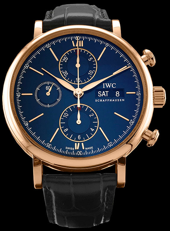 This watch has a 5N rose gold steel case with a convex sapphire crystal over the blue dial. There is a day and date window at the 3 o’clock position, a 12 hour counter at the 6 o’clock, a small seconds at the 9 o’clock, and a 30 minute counter at the 12 o’clock position. The hands and hour markers are gold toned. This watch features the 75320 automatic calibre movement with a power reserve of 44 hours.