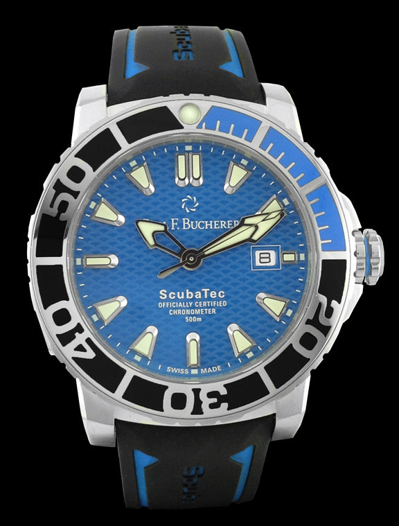 This dive watch has a stainless steel case mounted with a steel and ceramic unidirectional rotating bezel. The case also has an automatic helium escape valve in addition to a screw down crown. There is an anti-reflective treatment on the scratch resistant sapphire crystal. The dial is blue with silver toned hands and hour markers that are luminescent. The dial functions include hours, minutes, central seconds, and the date at the 3 o’clock position. 