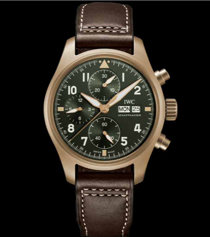Bronze case, Automatic, self-winding, Diameter 41.0 mm, Green dial with luminescence, Brown calfskin strap, Strap width 20.0 mm.  Made in Switzerland.