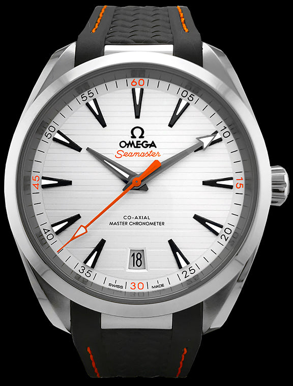41mm- This watch has a stainless steel case with a sapphire crystal over the silver colored dial. The dial is decorated with a nautical inspired horizontal “teak” pattern. There is a date window at the 6 o’clock position and the hands and indexes are luminescent. It’s powered by the Omega 8900 automatic movement with Co-Axial escapement that can be viewed through the transparent caseback.